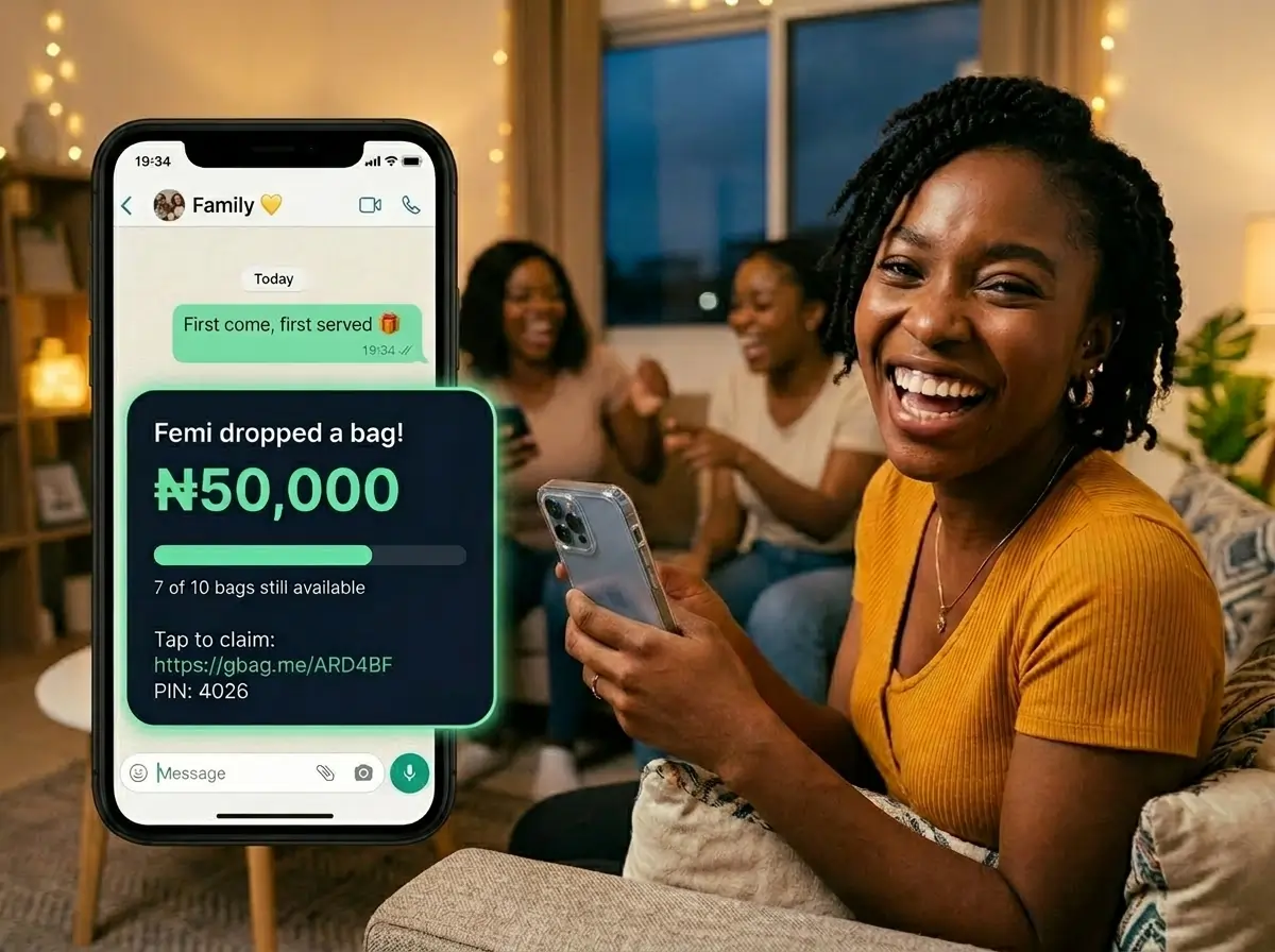 Friends laughing in a living room while a Goodiebag cash drop of N50,000 lands in their WhatsApp group chat