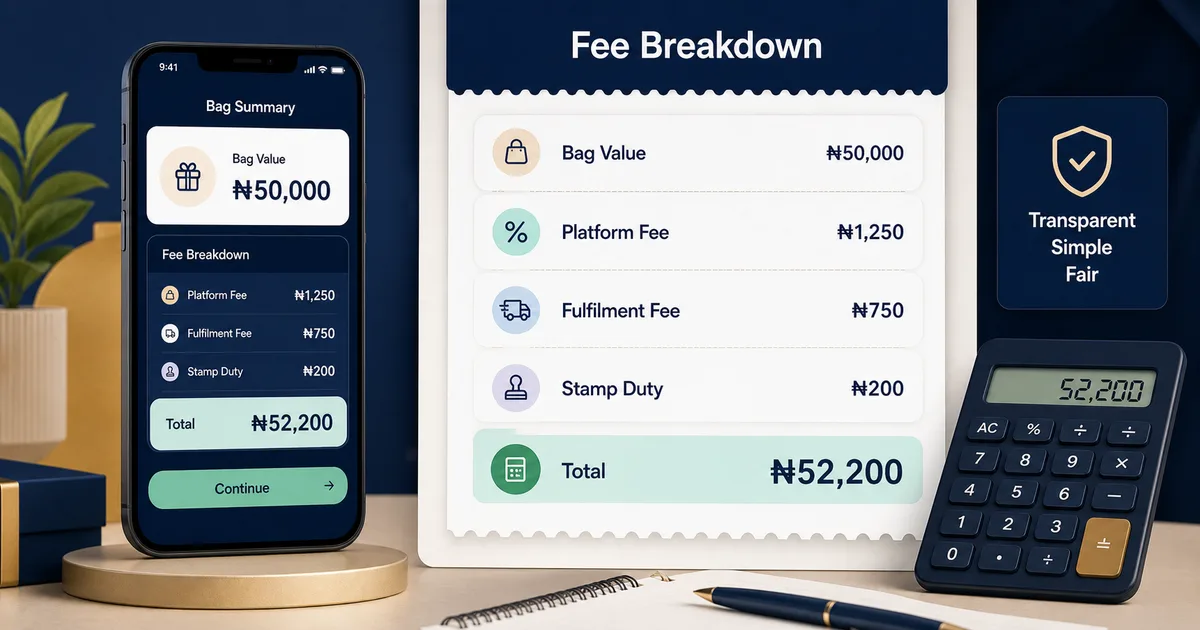 Goodiebag blog image for Goodiebag Fees Explained: Platform Fee, Fulfilment Fee and Stamp Duty, showing Nigerian social gifting and Naira claim context.