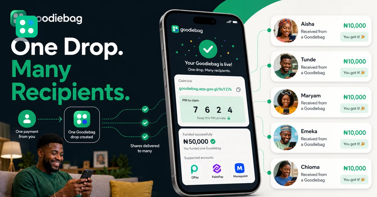 Goodiebag blog image for How to Send Money to Multiple People at Once in Nigeria, showing Nigerian social gifting and Naira claim context.