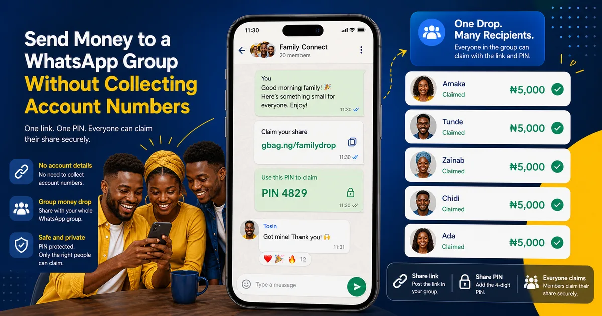 Goodiebag blog image for How to Send Money to a WhatsApp Group Without Collecting Account Numbers, showing Nigerian social gifting and Naira claim context.